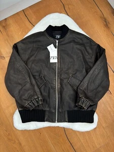 Zara faded effect faux leather bomber jacket brown zip mens size L Large BNWT - Picture 1 of 1