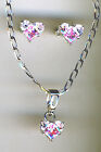 925 Sterling Silver Pink & Clear Cubic Zirconia Heart Necklace & Earring Set 18"