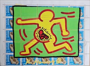 KEITH HARING * ORIGINAL VOM KÜNSTLER SIGNIERT AUF BRIEFMARKENBOGEN - SERIGRAPHIE - Picture 1 of 12