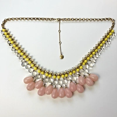 J Crew Necklace Beaded Pink Yellow Statement Bib Gold Tone Chain 28 in - Image 1 of 3