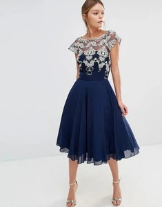 Chi London Riri Gold Navy Embroidered Dress Size UK10 EUR38 US6 - Picture 1 of 14