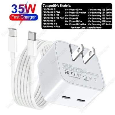 适用于 iPhone Air 17 16 15 三星双 USB-C 快速充电器 PD 35W 块 C 型线 — 第 1/4 张图片