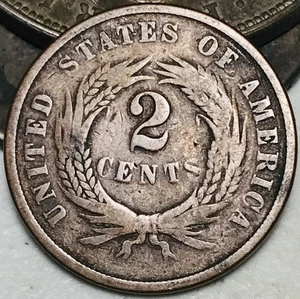1866 Two Cent Piece 2C Ungraded Circulated US Copper Coin CC28218 - Picture 1 of 4