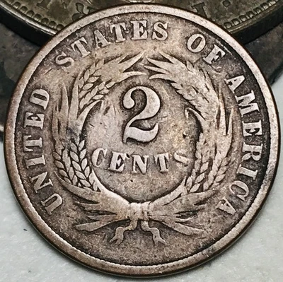 1866 Two Cent Piece 2C Ungraded Circulated US Copper Coin CC28218 - Image 1 of 4
