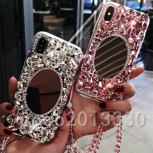 Mirror Soft Bling Women Phone Case , 3D Sparkly Diamonds Cover & Crystal Lanyard - Picture 1 of 14