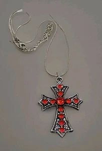 Red Cross Glass Necklace Pendant Dark Silver Gunmetal Chain Religious Jewelry - Picture 1 of 4