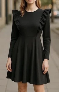 H&M Damen schwarz vorne Rüschen Mantel hinten Reißverschluss Langarm Kleid Größe 6 - Bild 1 von 6