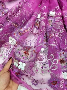 Floral Lace Beaded Magenta 3d Flowers Embroidery Fabric Sold By Yard For Dress - Picture 1 of 11