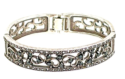 Elegant Sterling Silver Black Spinel Filigree Hinged Bangle Bracelet 6.5" - Image 1 of 4