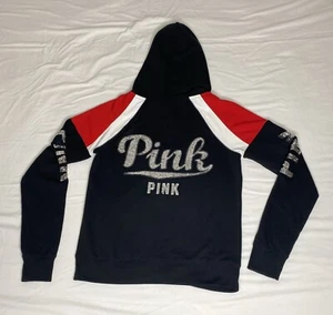 Victoria's Secret PINK Sequins Bling Full Zip Hoodie Black Red White Sz Medium - Picture 1 of 11