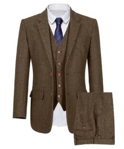 Men Brown Tweed Check Tan Vintage Check Wedding Tuxedo Prom 3 Piece Suit Custom - Picture 1 of 9