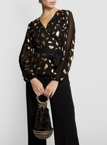 Diane Von Furstenberg XS $268 Jessa Gold Lip Wrap Top Black Chiffon Tie Waist - Picture 1 of 9