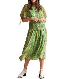 Ted Baker Ursille Mid Green Floral Asymmetric Smocking Midi Dress Size 2 Uk 10