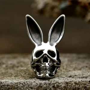 Gothic Bunny Ears Mask Skull Ring Stainless Steel Vintage Biker Funny Skull Ring - Picture 1 of 3