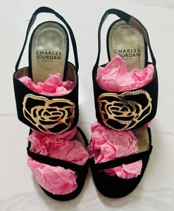 Vintage  Charles Jourdan Gold Emblem High Heel Sandles.  Heel 3.5  Paris - Picture 1 of 6