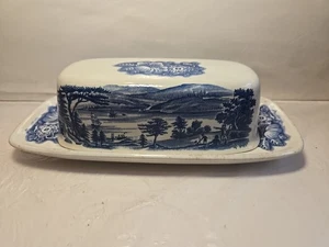 Staffordshire Liberty Blue Lidded Butter Dish Lafayette Landing West Point - Picture 1 of 11