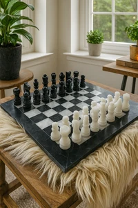 Luxus Schwarz & Weiß Marmor Schachspiel | Handgefertigte Steinfiguren & Brett Geschenk - Bild 1 von 12