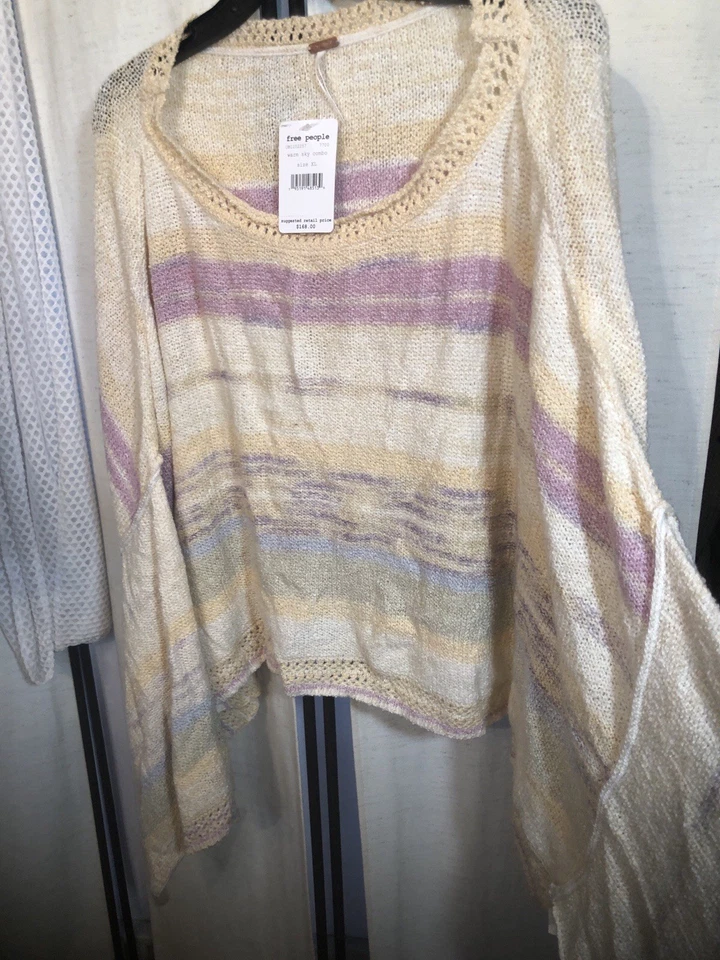 People Szs Saturn Long Sleeve Striped Knit Poncho Sweater Warm Sky