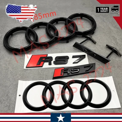 4 peças preto RS7 285mm anel frontal 203mm anel traseiro grade emblema porta-malas traseiro - Imagem 1 de 4