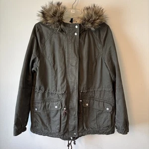 Divided Women Jacket Size 14 Parka Chore Coat Sherpa Lined Faux Fur Trim Hood - Picture 1 of 8