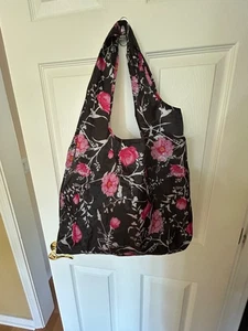Bee Green Large Black white Pink Floral shopping TOTE BAG 13x17x4" foldable - Bild 1 von 5