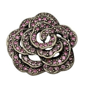Pink Rhinestone Vintage Heavy Floral Rose Brooch Pin - Picture 1 of 4
