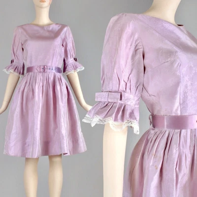 M/L Vintage 1950s Lilac Purple Embossed Taffeta Full Frilly Cocktail Dress 50s - Image 1 of 4