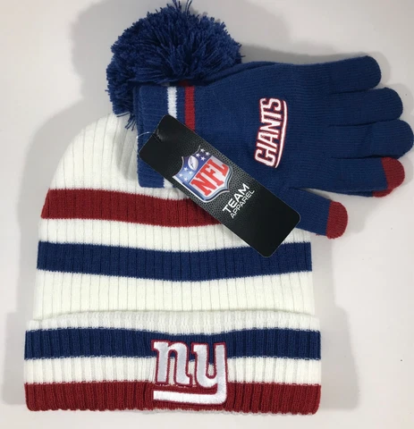 NEW YORK NY GIANTS KNIT BEANIE HAT POM & GLOVES SET NFL Team Apparel New w/ Tag Cover