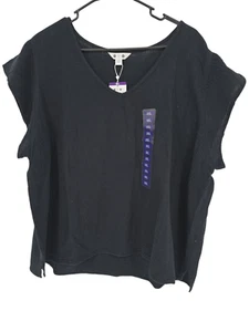 Three Dots Size 2XL Womens Top Black Double Gauze V Neck Short Sleeves NWT - Picture 1 of 6