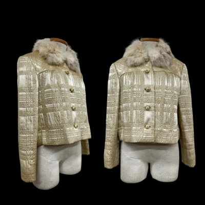 Vintage H Liebs California 1960s Fox Fur Collar Silk Gold Brocade Jacket - Image 1 of 4
