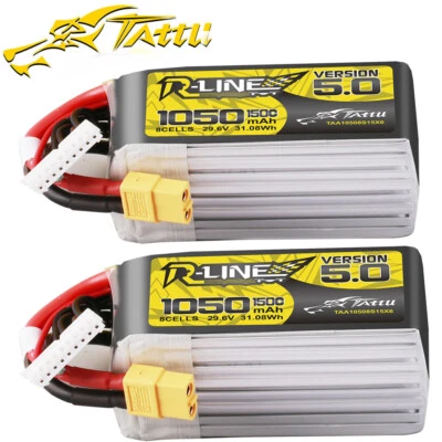 2X Tattu R-Line 1050mAh 150C 29.6V 8S Lipo Battery XT60 For FPV Racing Quadcopte - Image 1 of 4