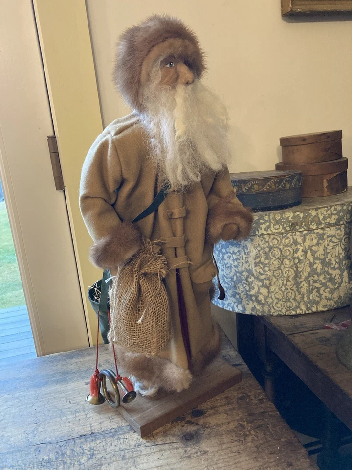 Vintage Primitive Country Store Santa Clay Face Real Fur Hat 22" Signed - Image 1 of 4