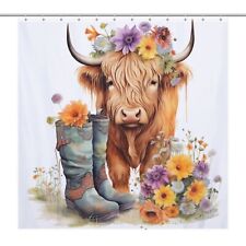 Rustic Farmhouse Floral Highland Bull Cow Shower Curtain Bathroom Waterproof