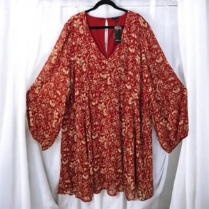 Torrid Floral Chiffon Long Sleeve V-Neck Dress Red Gold Woman Plus Size 6 6X 30 - Picture 1 of 13