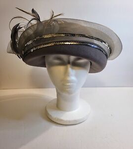 Deborah Fashions Gray Formal Church Hat Feathers Sequin & Mesh - One Size 
