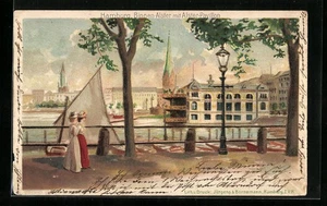 Lithographie Hamburg-Neustadt, Binnen-Alster mit Alster-Pavillon 1902 - Bild 1 von 2