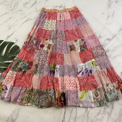 Womens Vintage Patchwork Boho Maxi Skirt One Size Pink Purple Floral Festival - Image 1 of 4