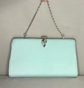 Vintage 1960's Lt Blue Satin Purse Handbag Clutch Evening Bag Silver Leaf Clasp - Picture 1 of 6