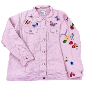 Vintage Quacker Factory Jacket Women Large Pink Embroidered Flower Linen Boho - Picture 1 of 17