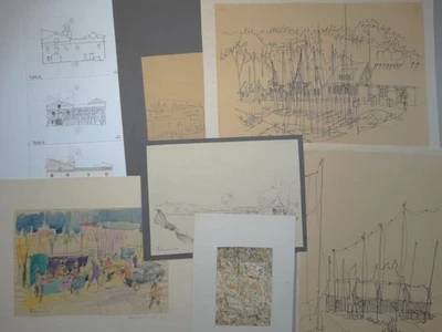 Gebäude Hafen Boote Marktstände signiert 9 Handzeichnungen Tusche 20. Jh. - Bild 1 von 4