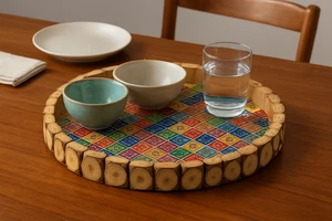 Handmade Round Wooden Mosaic Rustic Decorative Serving Tray with Colorful Design - Picture 1 of 9