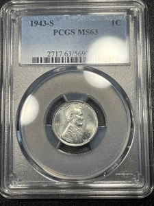 1943 S Lincoln Wheat Cent 1c PCGS MS63 San Francisco Steel Cent - Picture 1 of 3
