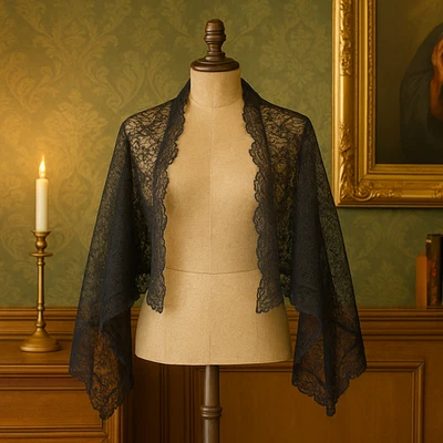 De Colección Mantón de Encaje Negro Envoltura Victoriano Gótico Capilla Velo Bufanda 54" x 19" Foto 1 de 4
