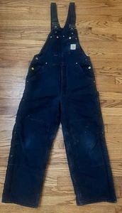 VTG Carhartt Bib Overalls 32X28 R03 BLK Double Knee Insulated Distressed USA - Picture 1 of 22