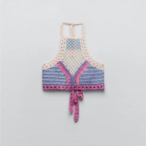 Top corto Zara rosa azul tejido a ganchillo halter talla mediana y grande - Imagen 1 de 8