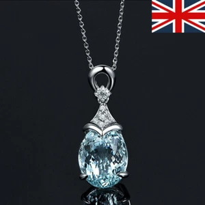 UK Women 925 Silver Aquamarine Gemstone Pendant Necklace Valentine's Day Gift - Picture 1 of 12
