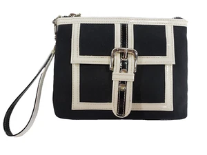 Isabella Fiore Black and White Silver Buckle Canvas Wristlet Purse Bag Handbag - Picture 1 of 9