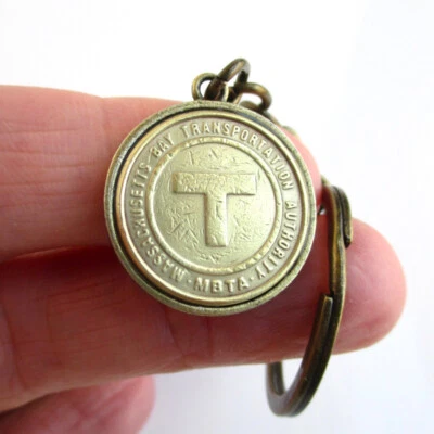 Boston "T" Transit Token Keychain - Repurposed Vintage Gold Tone Coin Key Chain - Image 1 of 4