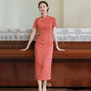 Chinesisches Cheongsam Midi-Bleistiftkleid mit Streifen Vintage Qipao schmale Passform für Damen - Bild 1 von 15
