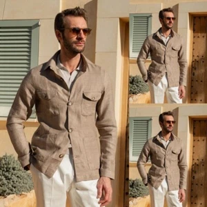 Linen Mens Safari Jacket Summer Casual Leisure Blazer Khaki Prom Party Tuxedos - Picture 1 of 8